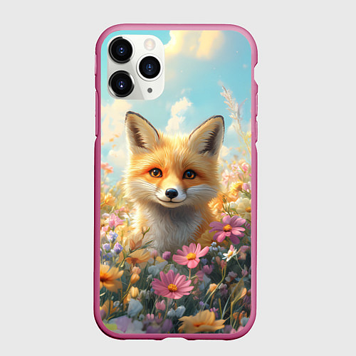 Чехол iPhone 11 Pro матовый Лиса в цветочном поле / 3D-Малиновый – фото 1
