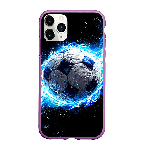 Чехол iPhone 11 Pro матовый Футбольный мяч в синем пламени / 3D-Фиолетовый – фото 1