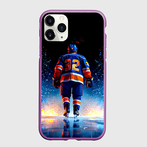 Чехол iPhone 11 Pro матовый Хоккеист в синем пламени / 3D-Фиолетовый – фото 1