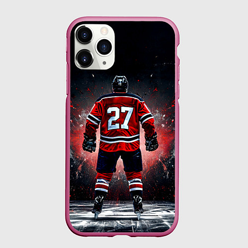 Чехол iPhone 11 Pro матовый Хоккеист на черном / 3D-Малиновый – фото 1