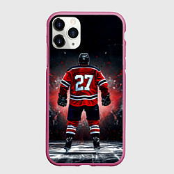 Чехол iPhone 11 Pro матовый Хоккеист на черном, цвет: 3D-малиновый