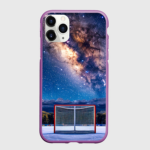 Чехол iPhone 11 Pro матовый Хоккейные ворота в ночи / 3D-Фиолетовый – фото 1