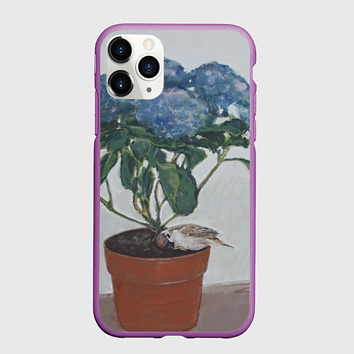Чехол iPhone 11 Pro матовый Спящий воробушек на гортензии / 3D-Фиолетовый – фото 1
