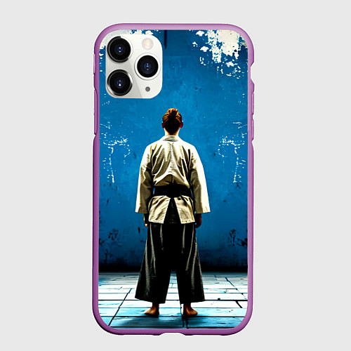Чехол iPhone 11 Pro матовый Айкидоист на синем / 3D-Фиолетовый – фото 1