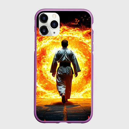 Чехол iPhone 11 Pro матовый Айкидоист и огненный вихрь / 3D-Фиолетовый – фото 1