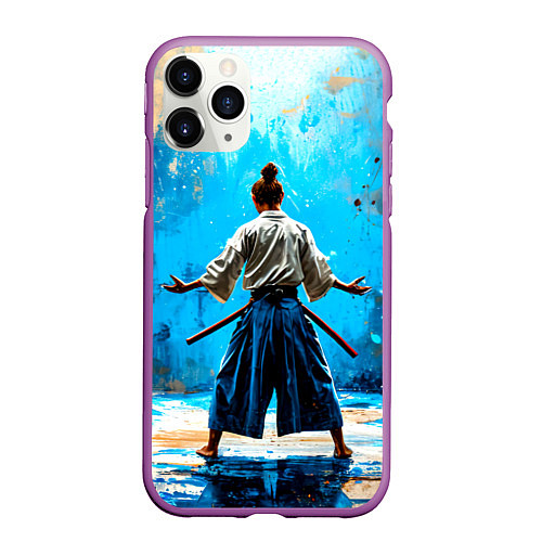 Чехол iPhone 11 Pro матовый Боец айкидо на синем / 3D-Фиолетовый – фото 1