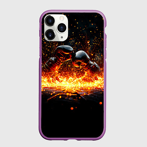 Чехол iPhone 11 Pro матовый Кикбоксеркие перчатки в огне / 3D-Фиолетовый – фото 1