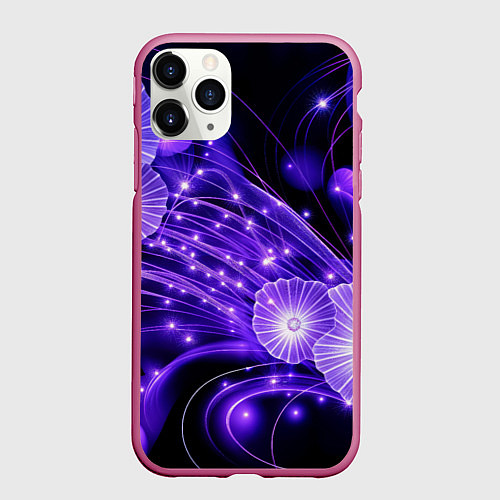 Чехол iPhone 11 Pro матовый Силуэты цветов на темном фоне - фиолетовое свечени / 3D-Малиновый – фото 1