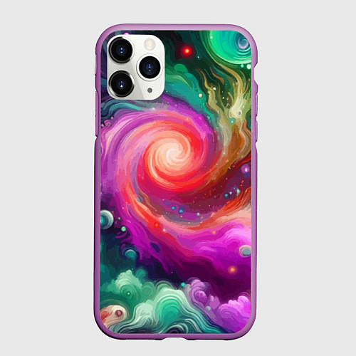 Чехол iPhone 11 Pro матовый Космическая неоновая фантазия - нейроарт / 3D-Фиолетовый – фото 1