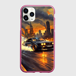 Чехол iPhone 11 Pro матовый BMW на фоне труб завода, цвет: 3D-малиновый