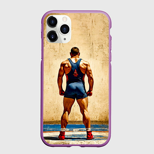 Чехол iPhone 11 Pro матовый Греко-римский борец на бежевом / 3D-Фиолетовый – фото 1