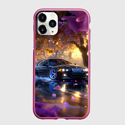 Чехол iPhone 11 Pro матовый БМВ и фиолетовые цветы, цвет: 3D-малиновый