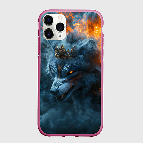 Чехол iPhone 11 Pro матовый Волк в короне в огне / 3D-Малиновый – фото 1