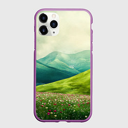 Чехол iPhone 11 Pro матовый Горы и поле с цветами - зеленый пейзаж, цвет: 3D-фиолетовый