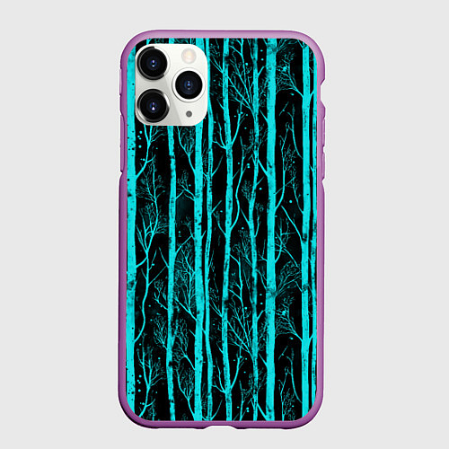 Чехол iPhone 11 Pro матовый Бирюзовые полоски-деревья на темном фоне - паттерн / 3D-Фиолетовый – фото 1