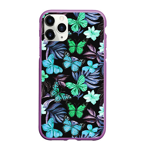Чехол iPhone 11 Pro матовый Бабочки и тропические цветы на черном фоне / 3D-Фиолетовый – фото 1