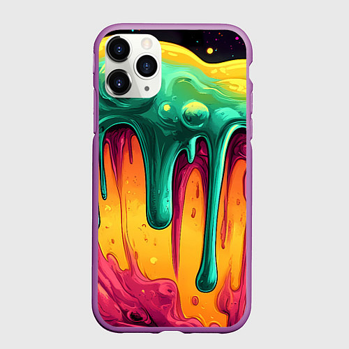 Чехол iPhone 11 Pro матовый Зелено-оранжевая клякса / 3D-Фиолетовый – фото 1