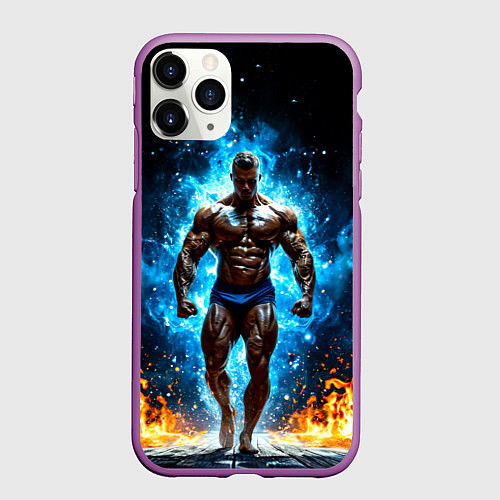 Чехол iPhone 11 Pro матовый Культурист в огне / 3D-Фиолетовый – фото 1