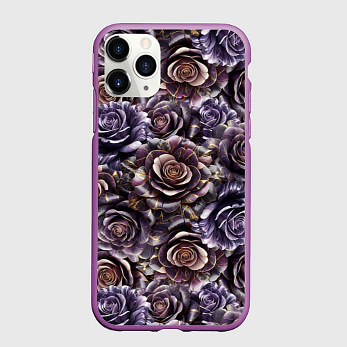 Чехол iPhone 11 Pro матовый Фиолетовые мраморные розы - паттерн / 3D-Фиолетовый – фото 1