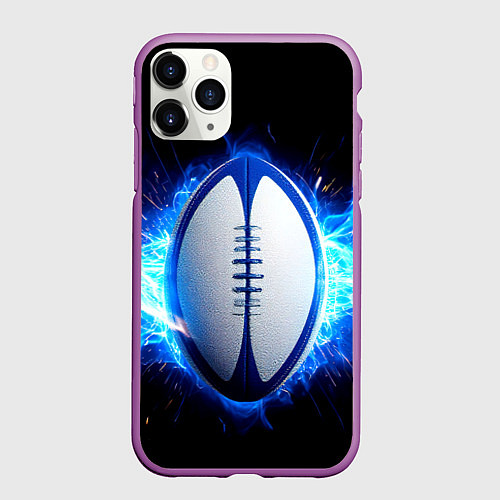Чехол iPhone 11 Pro матовый Мяч для регби в синем пламени / 3D-Фиолетовый – фото 1