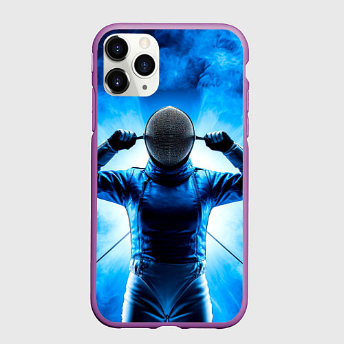 Чехол iPhone 11 Pro матовый Фехтовальщик в синем дыму / 3D-Фиолетовый – фото 1