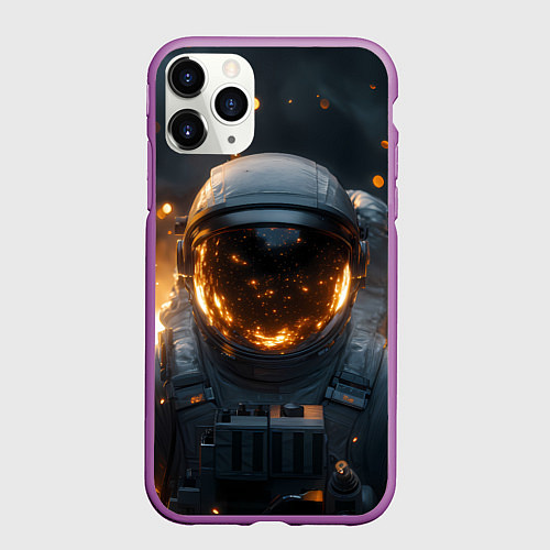 Чехол iPhone 11 Pro матовый Космонавт на фоне огня / 3D-Фиолетовый – фото 1
