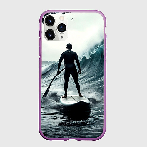 Чехол iPhone 11 Pro матовый Сапсёрфер в волне / 3D-Фиолетовый – фото 1
