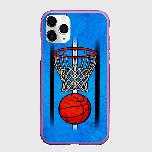 Чехол iPhone 11 Pro матовый Кольцо с баскетбольным мячом на синем / 3D-Фиолетовый – фото 1