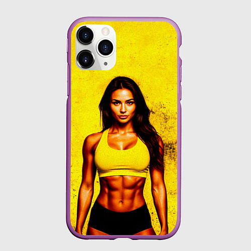 Чехол iPhone 11 Pro матовый Фитоняшка на желтом / 3D-Фиолетовый – фото 1