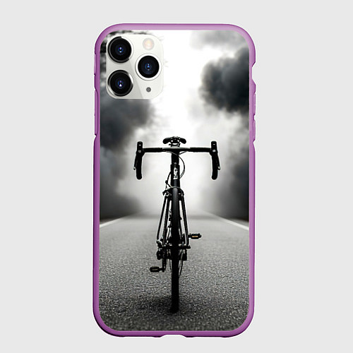 Чехол iPhone 11 Pro матовый Шоссейный велосипед в черном дыму / 3D-Фиолетовый – фото 1