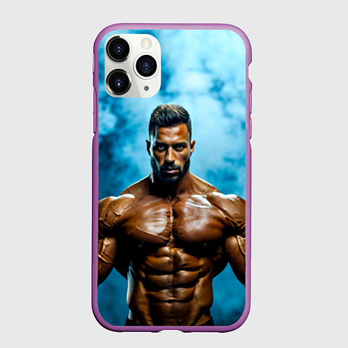 Чехол iPhone 11 Pro матовый Бодибилдер в синем дыму / 3D-Фиолетовый – фото 1