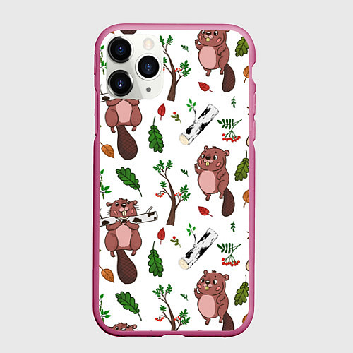 Чехол iPhone 11 Pro матовый Бобер и полено / 3D-Малиновый – фото 1