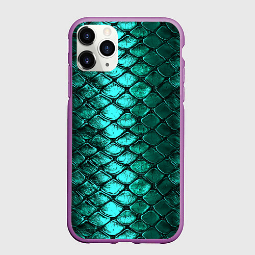 Чехол iPhone 11 Pro матовый Блестящая змеиная чешуя - зеленые чешуйки паттерн / 3D-Фиолетовый – фото 1