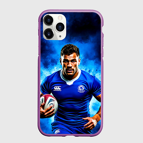 Чехол iPhone 11 Pro матовый Регбист в синем дыму / 3D-Фиолетовый – фото 1