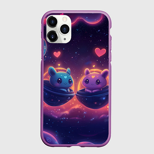 Чехол iPhone 11 Pro матовый Милые пришельцы в космосе / 3D-Фиолетовый – фото 1