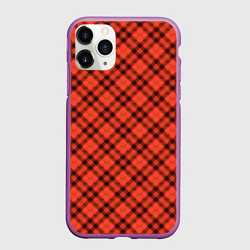 Чехол iPhone 11 Pro матовый Черно оранжевый в косую клетку / 3D-Фиолетовый – фото 1