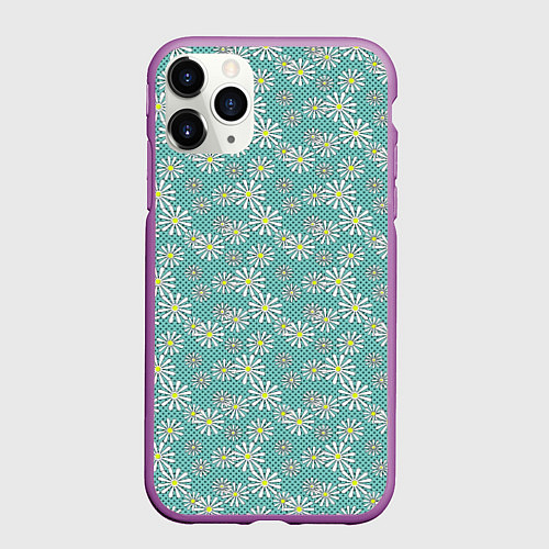 Чехол iPhone 11 Pro матовый Цветы белой ромашки на мятном фоне в горошек / 3D-Фиолетовый – фото 1
