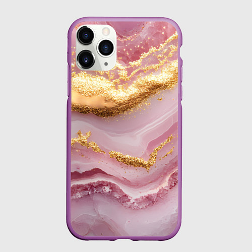 Чехол iPhone 11 Pro матовый Золотая объемная текстура на розовом / 3D-Фиолетовый – фото 1