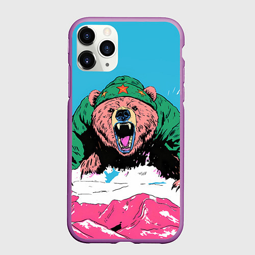 Чехол iPhone 11 Pro матовый Хищный русский медведь / 3D-Фиолетовый – фото 1