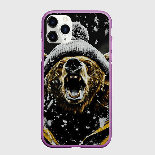 Чехол iPhone 11 Pro матовый Злой большой медведь зимой / 3D-Фиолетовый – фото 1