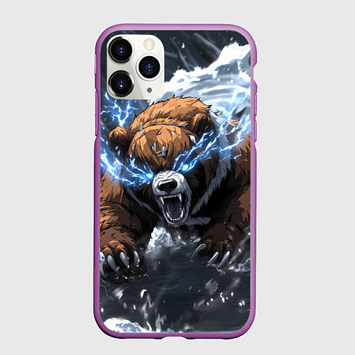 Чехол iPhone 11 Pro матовый Медведь в молниях и облаках / 3D-Фиолетовый – фото 1