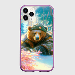 Чехол iPhone 11 Pro матовый Русский медведь военный в лесу, цвет: 3D-фиолетовый