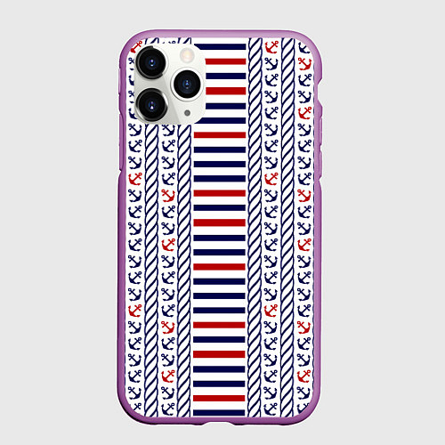 Чехол iPhone 11 Pro матовый Полосатый морской орнамент с якорями / 3D-Фиолетовый – фото 1