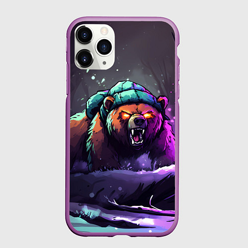 Чехол iPhone 11 Pro матовый Злой русский медведь в лесу / 3D-Фиолетовый – фото 1