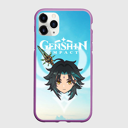 Чехол iPhone 11 Pro матовый Genshin Impact - персонаж Сяо / 3D-Фиолетовый – фото 1