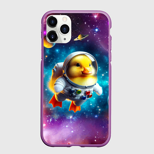 Чехол iPhone 11 Pro матовый Прикольный утёнок бравый космонавт - нейроарт / 3D-Фиолетовый – фото 1