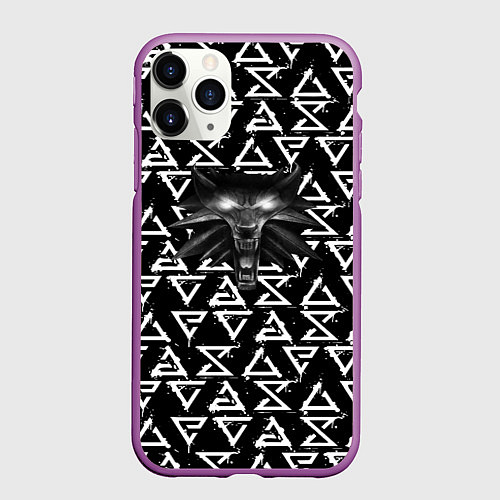 Чехол iPhone 11 Pro матовый Ведьмак паттерн лого / 3D-Фиолетовый – фото 1