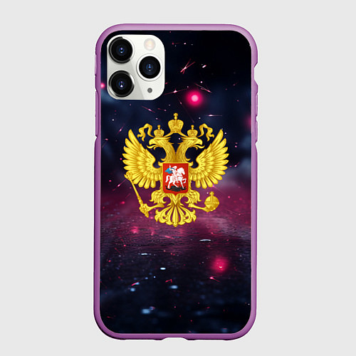 Чехол iPhone 11 Pro матовый Герб России и фиолетовое свечение / 3D-Фиолетовый – фото 1
