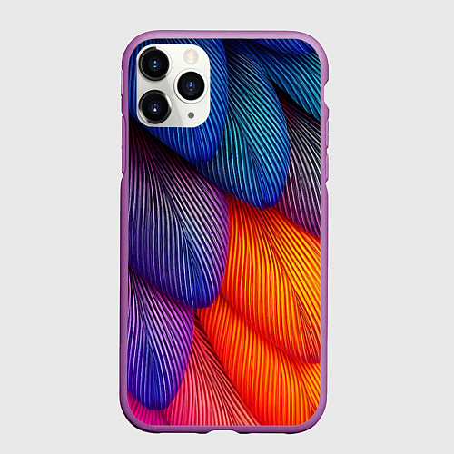 Чехол iPhone 11 Pro матовый Радужные перья попугая / 3D-Фиолетовый – фото 1