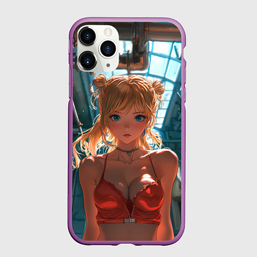 Чехол iPhone 11 Pro матовый Рыжая девушка на фоне труб / 3D-Фиолетовый – фото 1